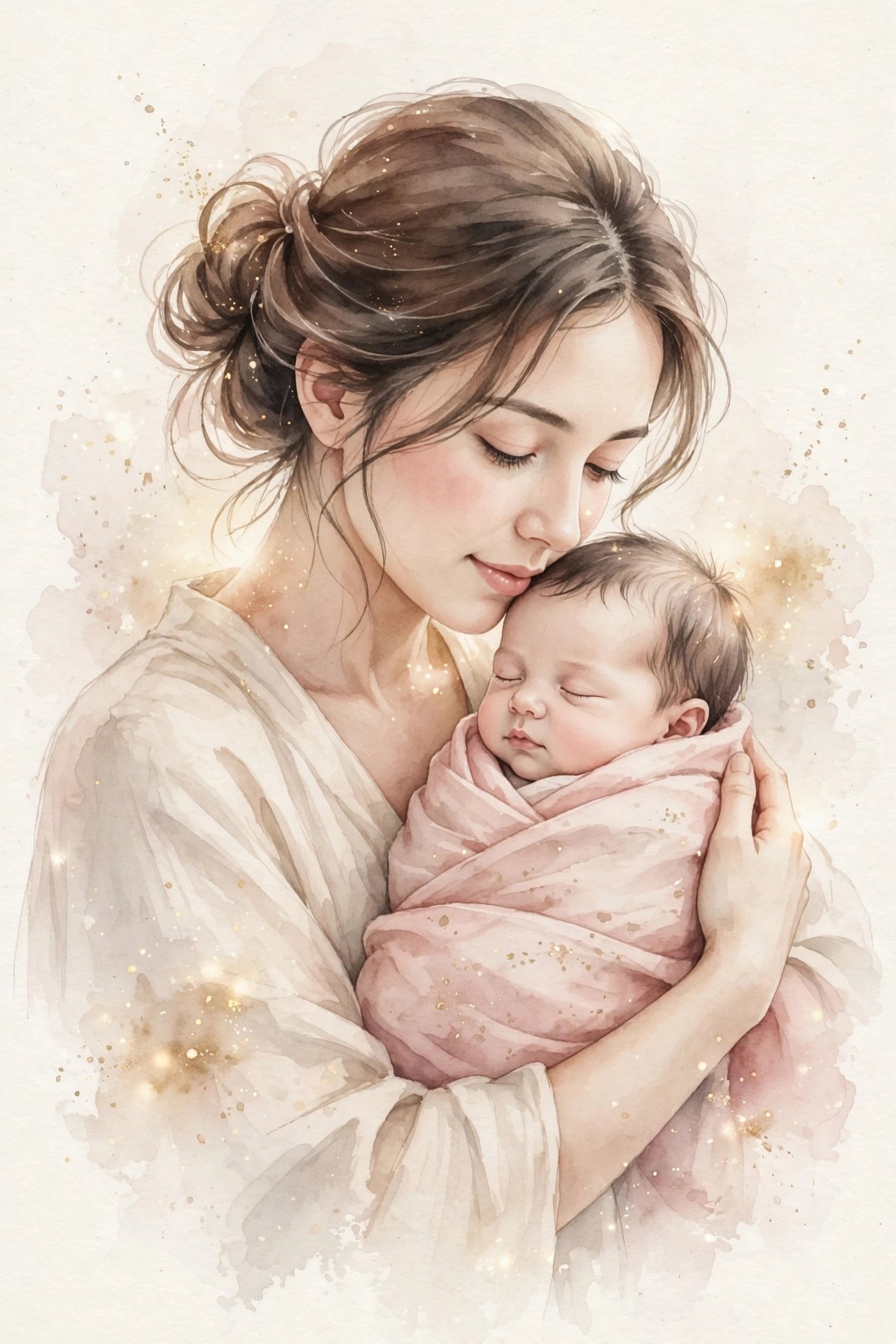 A mother tenderly holding her newborn baby, watercolor illustration in blush and gold